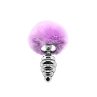 Металева анальна пробка Кролячий хвостик Alive Fluffy Twist Plug M Purple, діаметр 3,4 см — Переглянути зображення 1