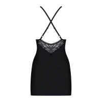 Сатиновий комплект для сну з мереживом Obsessive 828-CHE-1 chemise &amp; thong S/M, чорний, сорочка, стр — Переглянути зображення 6