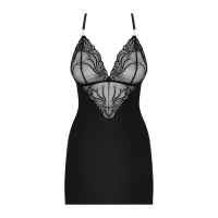 Сатиновий комплект для сну з мереживом Obsessive 828-CHE-1 chemise &amp; thong S/M, чорний, сорочка, стр — Переглянути зображення 5