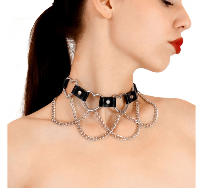 Чокер із серцями та ланцюжками Art of Sex - Freya, натуральна шкіра, колір чорний