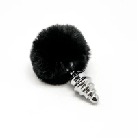 Металева анальна пробка Кролячий хвостик Alive Fluffy Twist Plug M Black, діаметр 3,4 см — Переглянути зображення 2