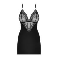 Сатиновий комплект для сну з мереживом Obsessive 828-CHE-1 chemise & thong L/XL, чорний, сорочка