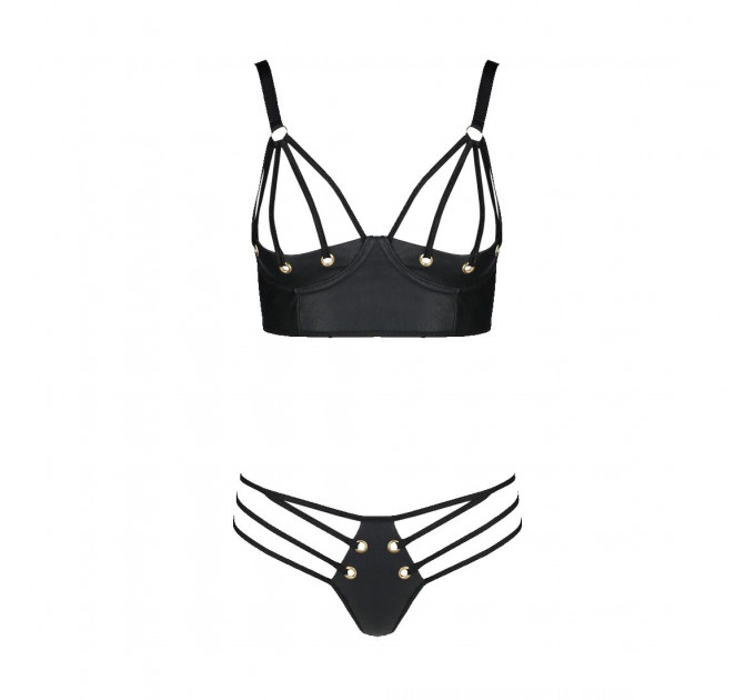 Комплект з екошкіри Passion MALWIA BIKINI 6XL/7XL black, з люверсами та ремінцями, бра, трусики