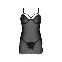 Пеньюар Passion DROSERA CHEMISE black, L/XL, мереживний ліф зі стрепами, трусики в комплекті