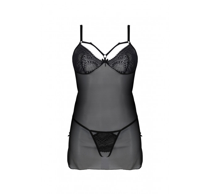 Пеньюар Passion DROSERA CHEMISE black, L/XL, мереживний ліф зі стрепами, трусики в комплекті