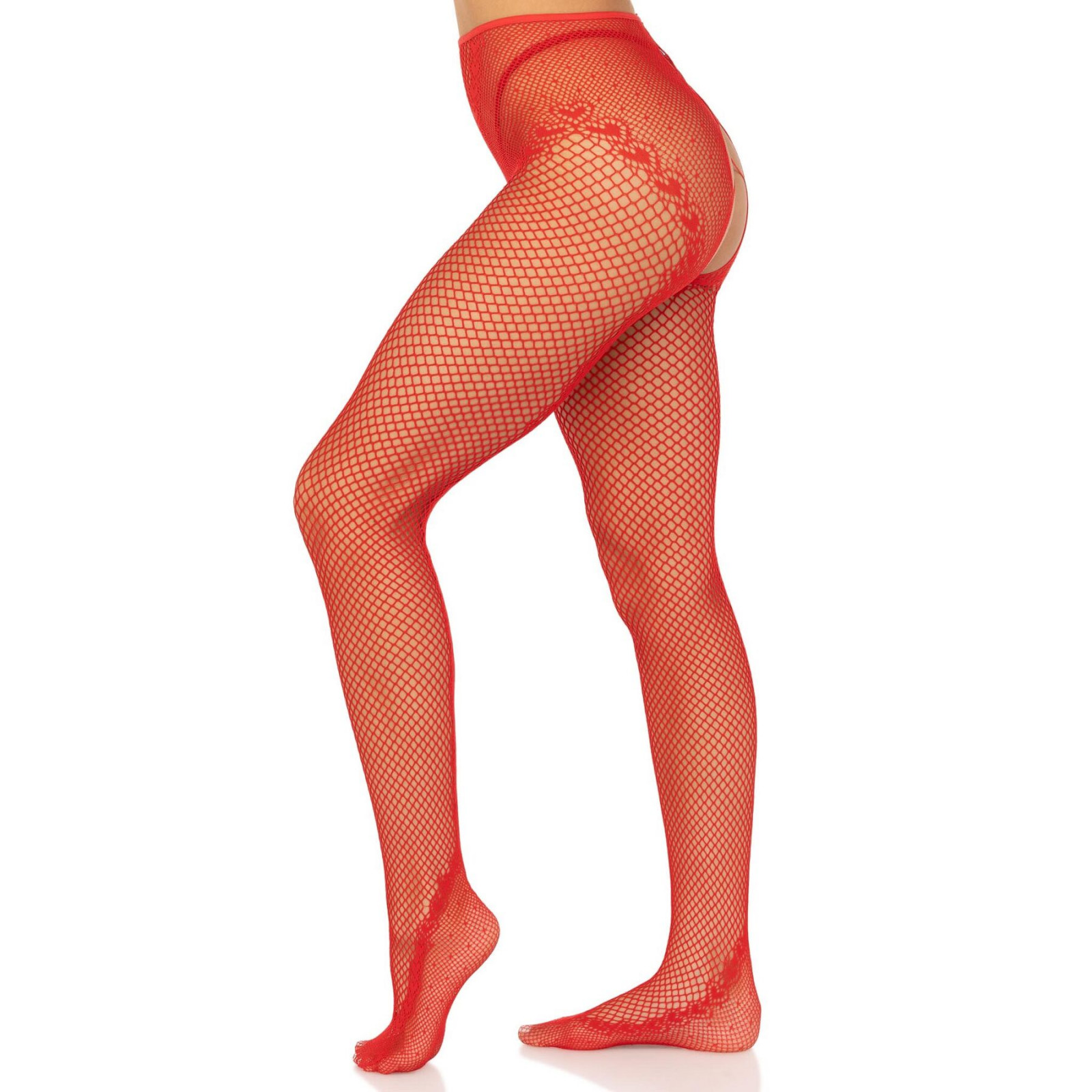 Стрип-колготки Leg Avenue Crotchless Net Tights with Heart Backseam, One Size, червоні, з доступом