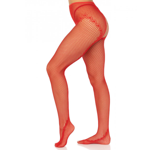 Стрип-колготки Leg Avenue Crotchless Net Tights with Heart Backseam, One Size, червоні, з доступом