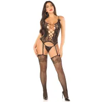 Комплект мереживний Leg Avenue Cami Garter, One Size, Black, корсет із панчохами та стрінгами — Переглянути зображення 5