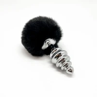 Металева анальна пробка Кролячий хвостик Alive Fluffy Twist Plug L Black, діаметр 3,8 см — Переглянути зображення 2