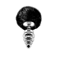 Металева анальна пробка Кролячий хвостик Alive Fluffy Twist Plug L Black, діаметр 3,8 см — Переглянути зображення 1