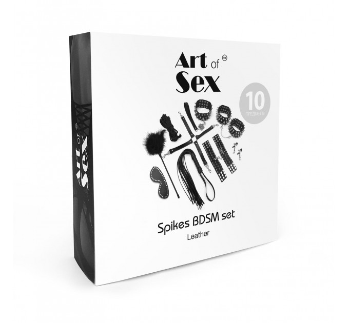 BDSM-набір Art of Sex – Spikes BDSM Set Leather, 10 предметів, чорний, натуральна шкіра