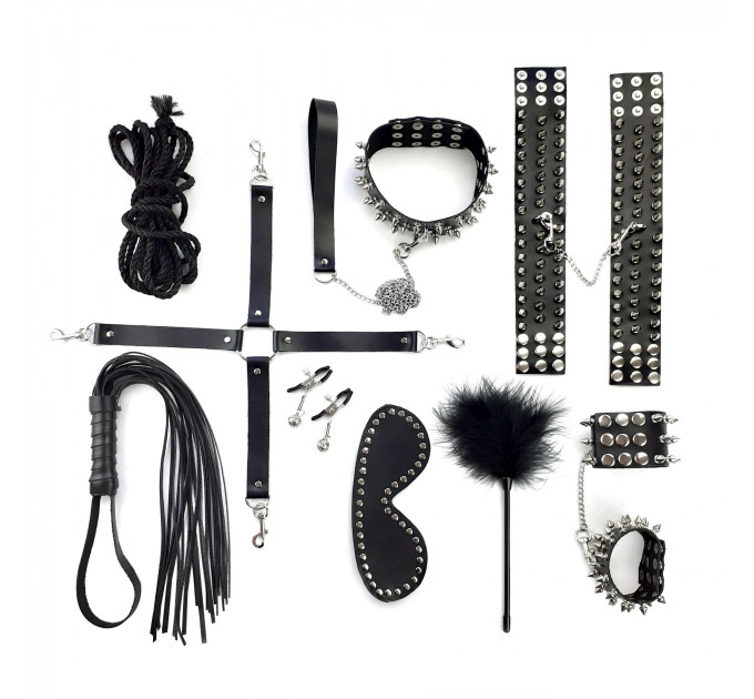 BDSM-набір Art of Sex – Spikes BDSM Set Leather, 10 предметів, чорний, натуральна шкіра