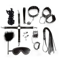 BDSM-набір Art of Sex – Spikes BDSM Set Leather, 10 предметів, чорний, натуральна шкіра — Просмотреть изображение 1