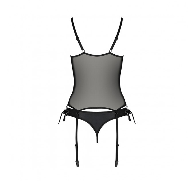 Корсет зі шнурівкою Passion NESSY CORSET S/M black, стрінги з відкритим доступом, пажі для панчіх