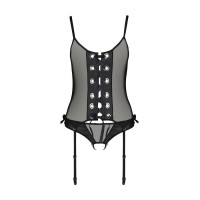Корсет со шнуровкой Passion NESSY CORSET S/M black, стринги с открытым доступом, пажи для чулок