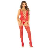 Комплект мереживний Leg Avenue Cami Garter One Size, Red, корсет із панчохами та стрінгами — Переглянути зображення 4