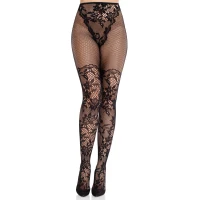 Колготки Leg Avenue Dahlia Lace Tights with Net Thigh Detail One Size — Переглянути зображення 1