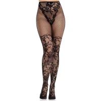 Колготки Leg Avenue Dahlia Lace Tights with Net Thigh Detail One Size — Переглянути зображення 4