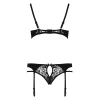 Комплект белья Passion PAULINE SET L/XL, black, стрэпы, лиф, стринги и пояс для чулок