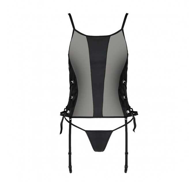 Сітчастий корсет з екошкіри Passion MALWIA CORSET 6XL/7XL black, з люверсами та знімними пажами