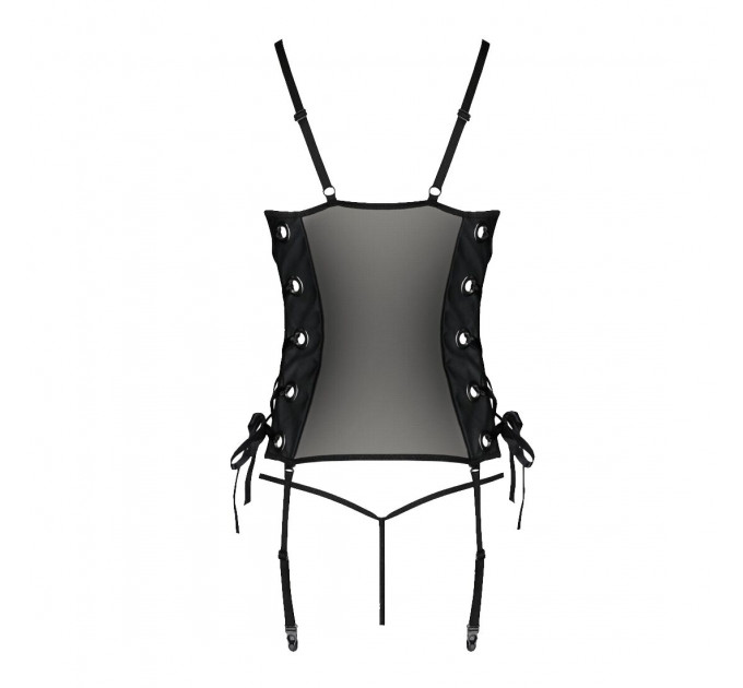 Сітчастий корсет з екошкіри Passion MALWIA CORSET 6XL/7XL black, з люверсами та знімними пажами
