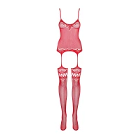 Бодістокінг Obsessive Bodystocking F214 red S/M/L, імітація корсета та панчіх на підв’язках — Переглянути зображення 6