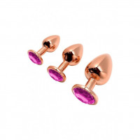 Металлическая анальная пробка Wooomy Tralalo Rose Gold Metal Plug Magenta M, диаметр 3,4 см, длина 8