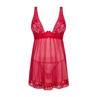 Прозора сорочка бебі-дол Obsessive Lacelove babydoll &amp; thong M/L Red, мереживо, стрінги — Переглянути зображення 3