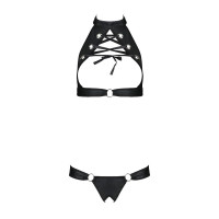 Комплект із екошкіри Passion MALWIA SET with Open Bra 4XL/5XL black, топ та трусики з люверсами