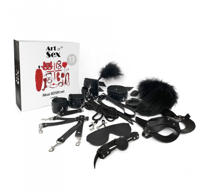 Набір BDSM Art Of Sex – Maxi BDSM Set Leather, 13 предметів, чорний, натуральна шкіра