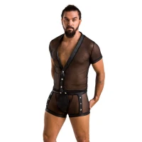 Комплект сітчастої чоловічої білизни Passion 052 SET MICHAEL 2XL/3XL black сорочка, боксери заклепки — Переглянути зображення 4