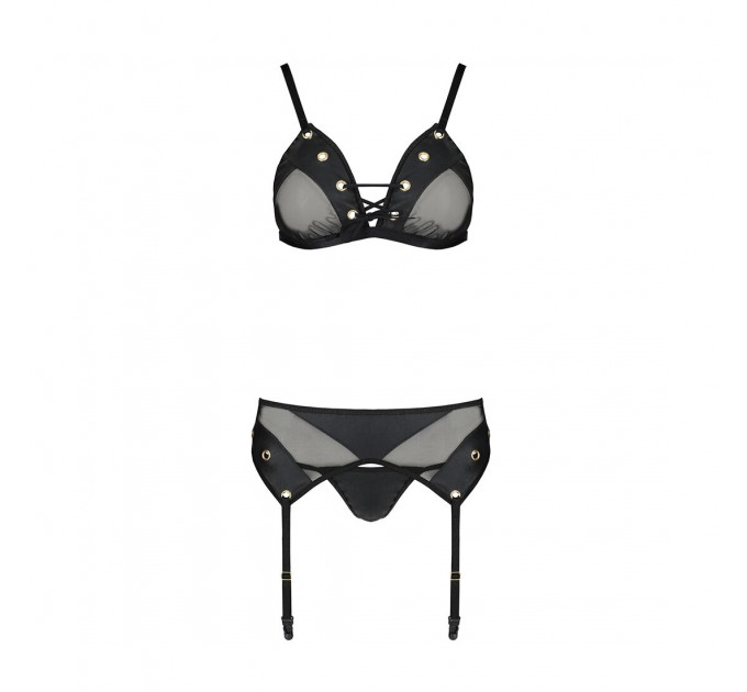 Комплект білизни Passion NESSY SET L/XL black, бюстгальтер, пояс для панчіх, стрінги