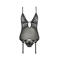 Корсет з декольте Passion ERZA CORSET S/M, black, пажі, трусики, напівпрозорий — Переглянути зображення 3