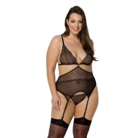 Корсет із пажами Passion AMBERLY CORSET 4XL/5XL, black, асиметричний крій, мережива, стрінги — Переглянути зображення 1
