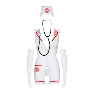 Еротичний костюм медсестри Obsessive Emergency dress S/M, white, сукня, стринги, рукавички, чепчик, стетоскоп