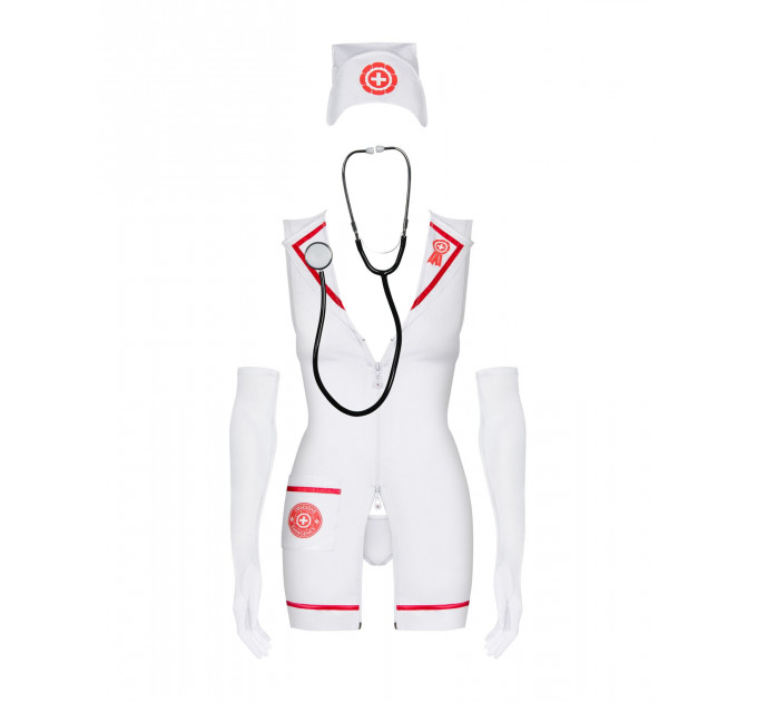 Еротичний костюм медсестри Obsessive Emergency dress S/M, white, сукня, стринги, рукавички, чепчик, стетоскоп