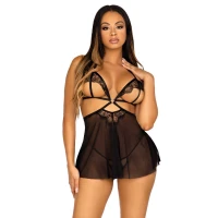 Сорочка бебі-дол з відкритими чашками Leg Avenue Lace and mesh babydoll &amp; panty Black S, стрінги — Переглянути зображення 1
