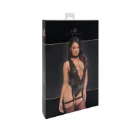 Боді Noir Handmade F297 Libido, 3XL, чорне, мереживо, низ під латекс, відкритий доступ, гартери — Переглянути зображення 6