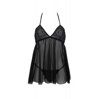Пеньюар Passion KERRIA CHEMISE black, S/M, мереживний верх, трусики в комплекті — Переглянути зображення 3