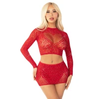 Блискучий комплект кроп-топ і спідниця Leg Avenue Rhinestone One Size, Red, довгий рукав — Переглянути зображення 1
