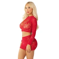 Блискучий комплект кроп-топ і спідниця Leg Avenue Rhinestone One Size, Red, довгий рукав — Переглянути зображення 3