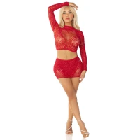 Блискучий комплект кроп-топ і спідниця Leg Avenue Rhinestone One Size, Red, довгий рукав — Переглянути зображення 4
