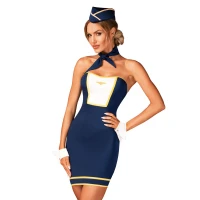 Еротичний костюм стюардеси Obsessive Stewardess uniform XS/S, blue, сукня, пілотка, шарф, манжети — Переглянути зображення 1