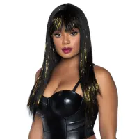Чорна перука із золотими пасмами Leg Avenue Long bang wig with tinsel, 60 см — Просмотреть изображение 1