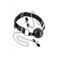 Повітропроникний кляп із затискачами для сосків Fetish Tentation Rigid Gag Ball with Nipple Clamps — Переглянути зображення 1
