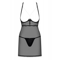 Прозрачная сорочка с открытой грудью Obsessive Pearlove chemise & thong black S/M, трусики