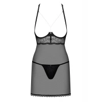 Прозора сорочка з відкритими грудьми Obsessive Pearlove chemise &amp; thong black S/M, трусики — Переглянути зображення 3