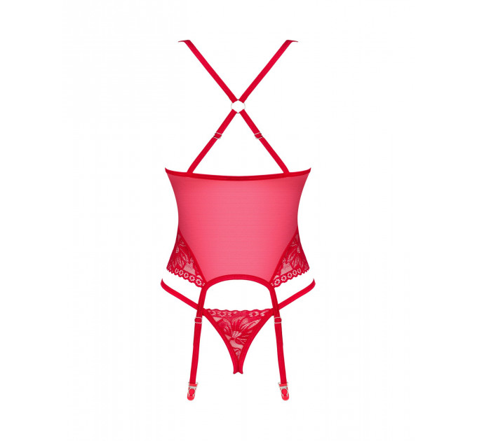 Прозорий корсет Obsessive Lacelove corset M/L Red, мереживо, підв’язки для панчіх