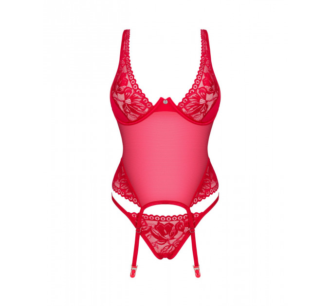 Прозорий корсет Obsessive Lacelove corset M/L Red, мереживо, підв’язки для панчіх