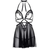 Сорочка бебі-дол з відкритими чашками Leg Avenue Lace and mesh babydoll &amp; panty Black M, стрінги — Переглянути зображення 3